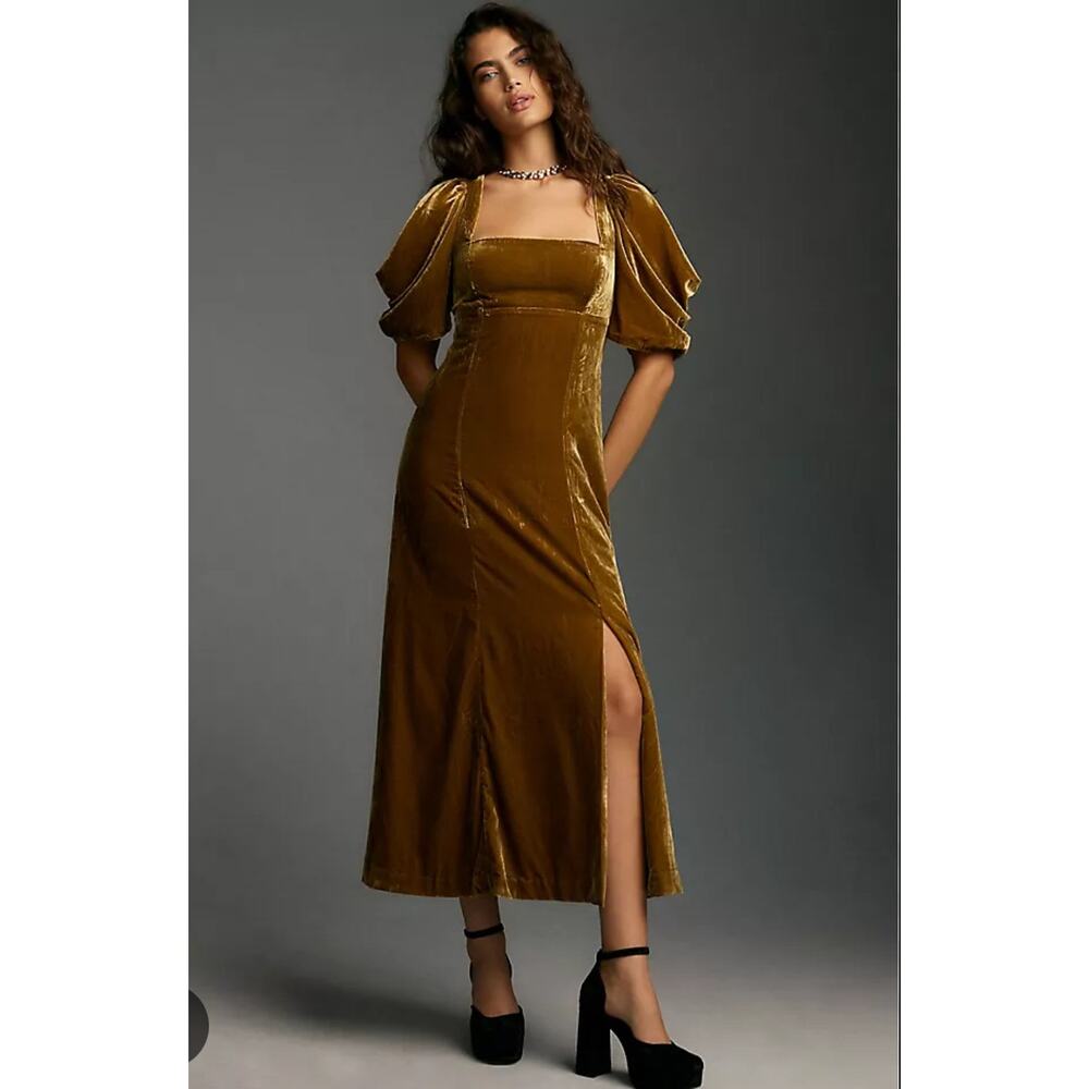 By Anthropologie Short-Sleeve Square-Neck Velvet Midi Dress Golden Mustard XL